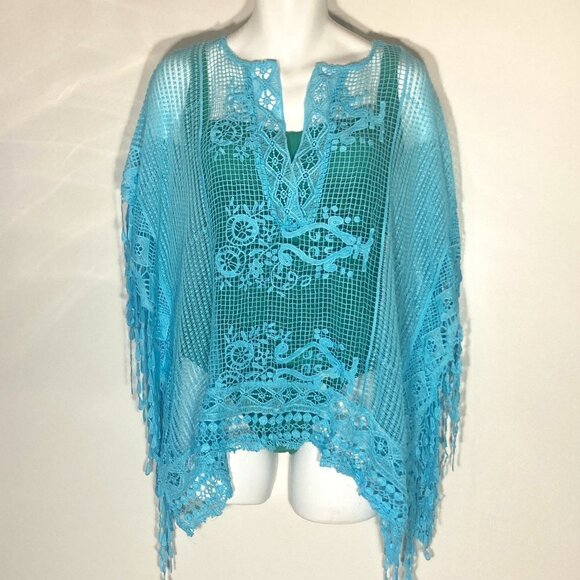 Chico's SZ OS Aqua blue cotton crochet lace poncho Boho Chic Beach Cottage 70's - Picture 2 of 11